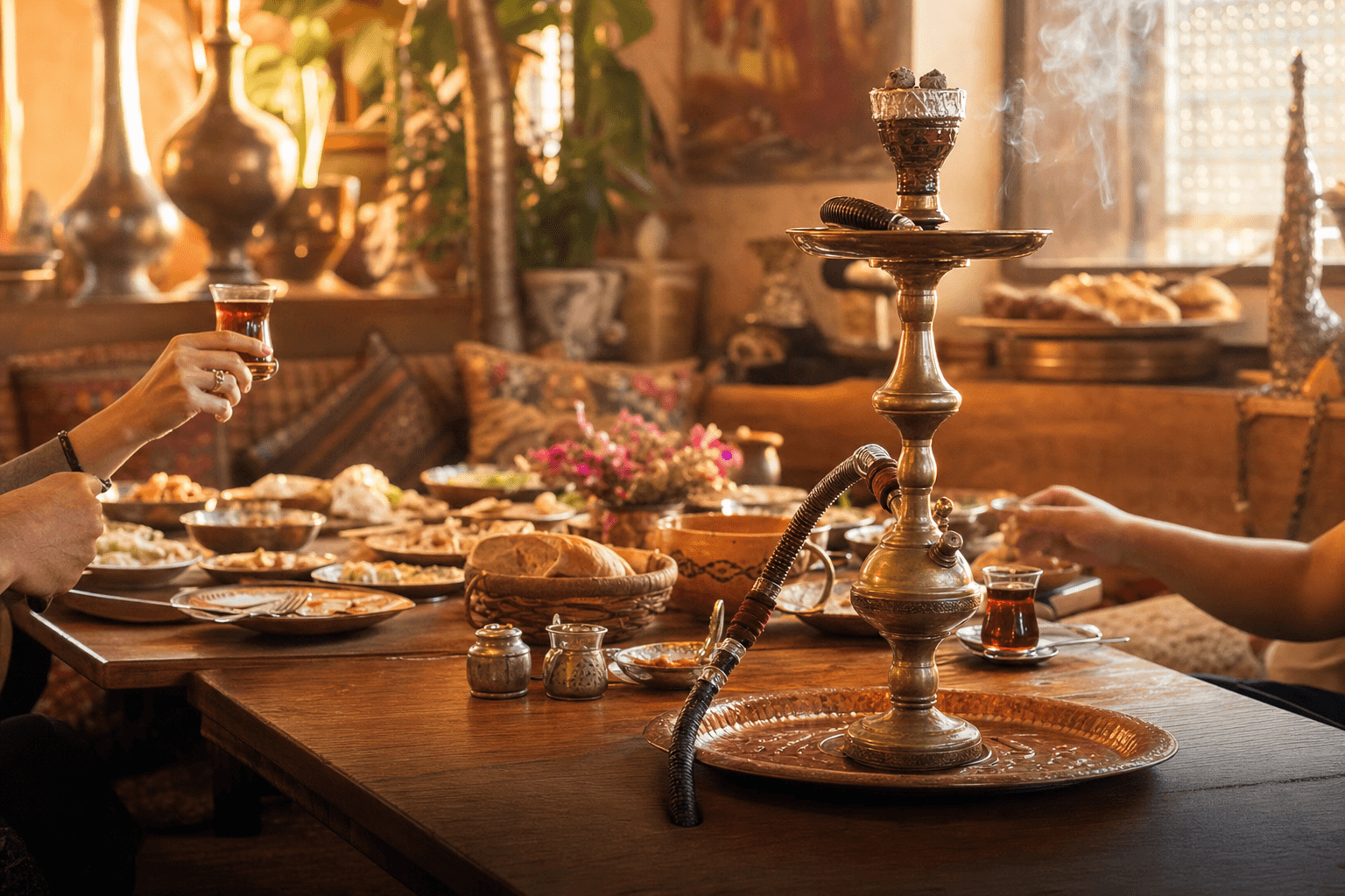 Brass hookah on copper tray at warm intimate gathering with friends